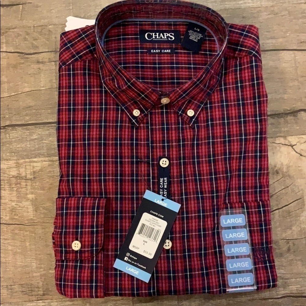 Chaps Mens Easy Care Plaid Button Down Shirt Red Navy Blue Large NWT - Picture 4 of 4